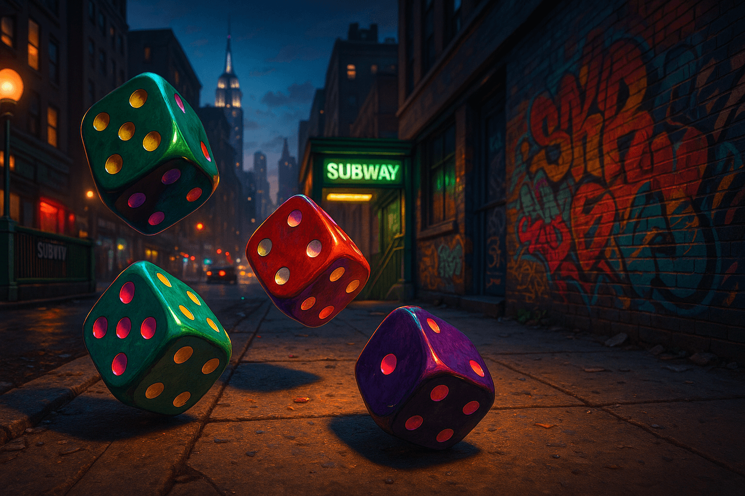 Colorful dice tumbling